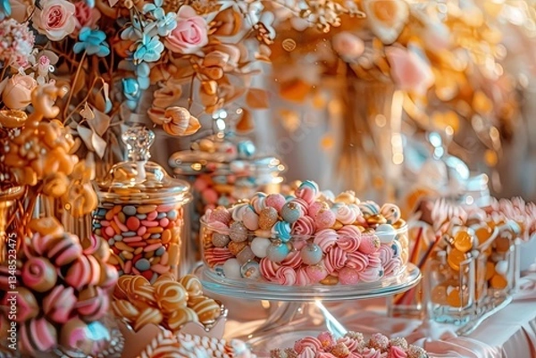 Fototapeta Ultra Hd Picture of a BohemianStyle Candy Bar Setup for a Wedding