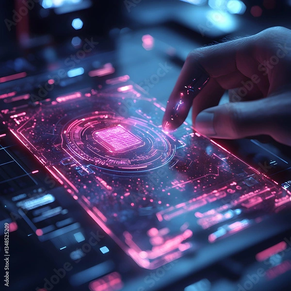 Obraz A finger interacts with a futuristic holographic interface displaying intricate circuitry and data. Ideal for technology presentations, websites, or science fiction visuals.