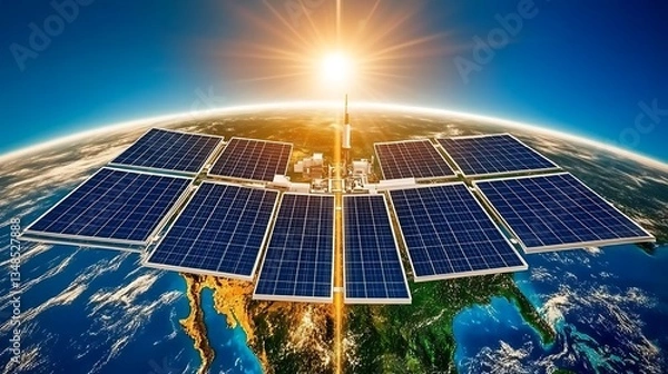 Obraz Futuristic solar panel array surrounding a miniature earth representation