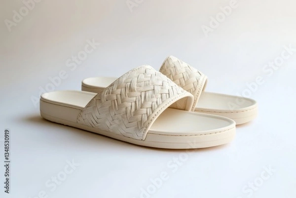 Fototapeta Cream braided slide sandals with woven straps and cushioned soles, isolated on white background