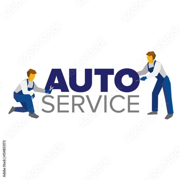 Fototapeta Vector logo template for autoservice, car repair or heavy industry. Two mechanics in blue uniform and title. Design element for poster or banner. Flat style illustration.