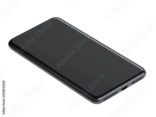 Fototapeta Black smartphone flat on a surface, no screen activity on a transparent background, cut out