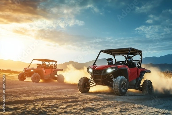 Obraz Off-road utility vehicle racing across the vast desert terrain at high velocity