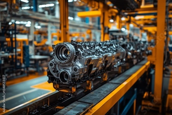 Obraz Engine production assembly line inside automobile manufacturing facility where car parts are meticulously assembled for new engines