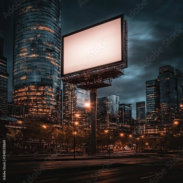 Fototapeta Frame mockup A striking urban scene showing a blank billboard amidst tall city skyscrapers at dusk.