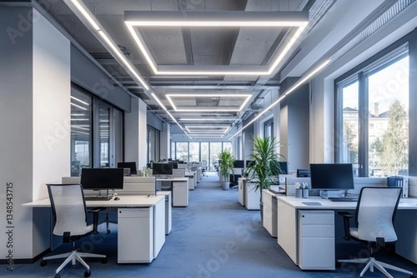 Fototapeta Modern and bright office space with rows of workstations and windows