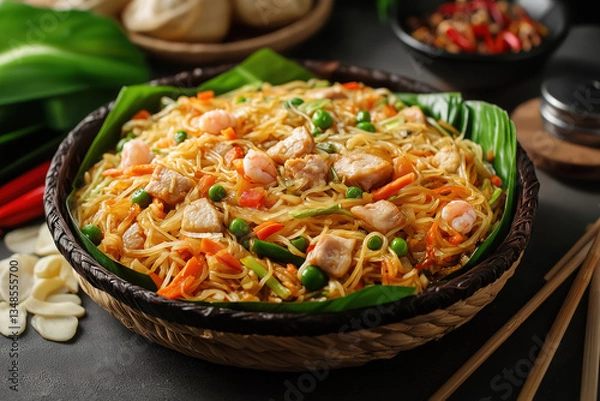 Fototapeta Authentic Filipino Pancit Canton – Stir-Fried Noodles with Shrimp, Chicken, and Vegetables