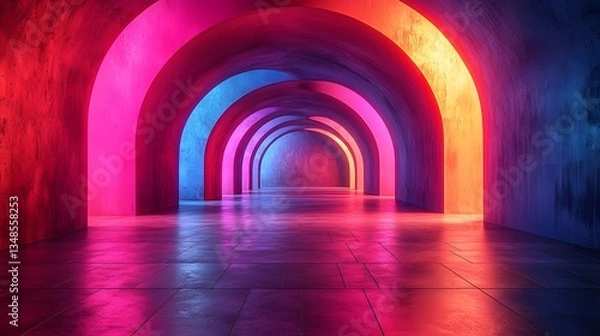 Fototapeta Two glowing arches in a race to form a bridge representing rival construction efforts