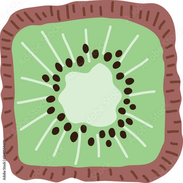 Obraz Artistic hand drawn half of kiwi vector illustration. Slice of exotic sweet fetus drawn in square shape. Cut of a juicy ripe kiwi fruit with pulp and seeds. Isolated on white background creative art.