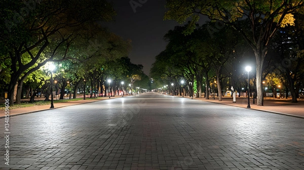 Obraz Long Night Time City Street Lined With Illuminated Trees And Street Lights Along Cobblestone Path