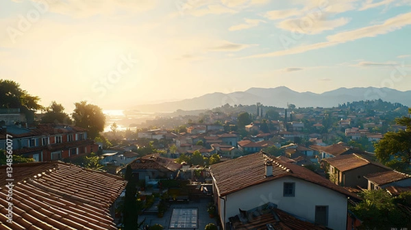Obraz Golden Sunset Over A Sprawling Cityscape With Red Tiled Rooftops Blue Sky And Distant Hills
