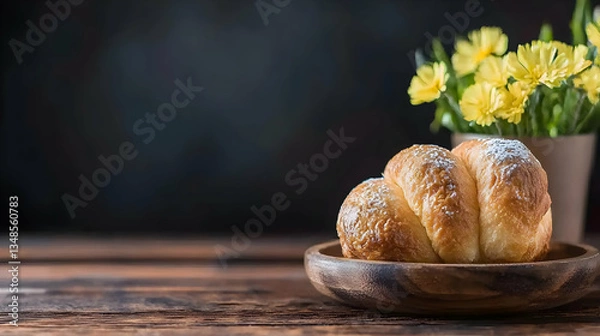 Obraz Golden Brown Croissant in Wooden Bowl with Yellow Flowers and Dark Background on Rustic Wooden Table
