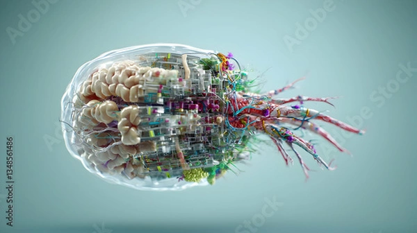 Obraz Abstract Brain Structure Illustration With Colorful Elements and Blue Background