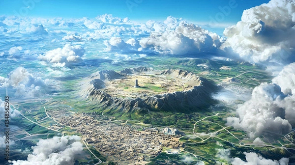 Obraz Aerial View Of Fantasy City Surrounded By Clouds