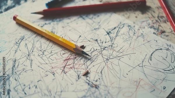 Obraz A broken pencil on a messy paper with angry scribbles. 