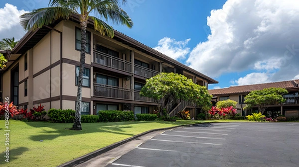 Obraz Multi Story Brown Beige Building with Black Balconies Under Blue Sky with Fluffy White Clouds Green Lawn and Red Flowers