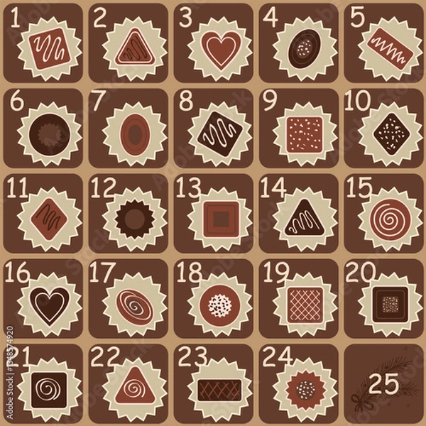 Obraz Cute hand drawn Christmas advent calendar with chocolate candies different types and forms. Countdown holiday calendar. Doodles. Surprise cards. Vector illustration