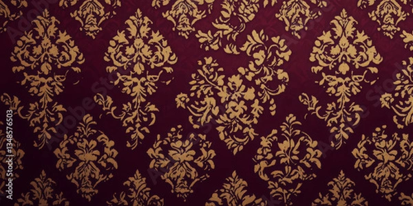 Obraz A luxurious damask fabric texture background in rich burgundy and gold. The elegant, symmetrical floral motifs and raised woven patterns add an aristocratic, vintage, and decorative charm.