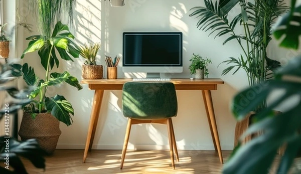 Fototapeta A stylish desk arrangement featuring plants and a computer screen