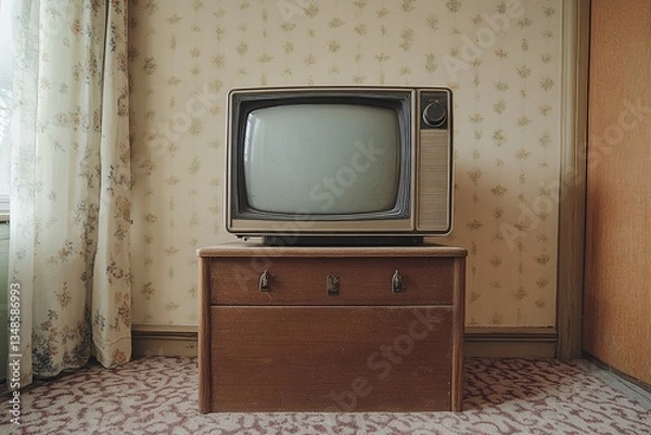 Obraz Vintage television set atop a wooden cabinet in a retro-styled room. Nostalgic vibes with muted colors.