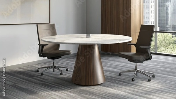 Fototapeta Modern round conference table in contemporary office with city view