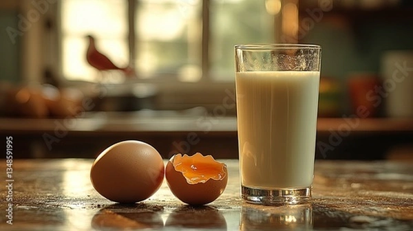 Fototapeta A cracked egg on a clean surface with a glass of milk, symbolizing food safety and the potential spread of diseases.