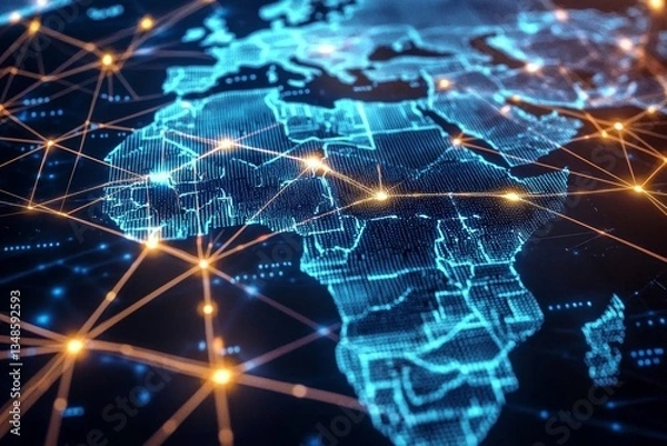 Obraz A futuristic illustration showcasing the expansion of blockchain networks across Africa.