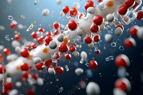 Fototapeta Colorful molecular structure with red, white, and transparent elements, showcasing dynamic interactions and scientific exploration. 