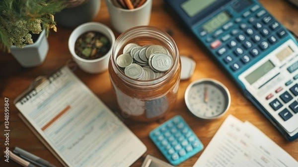 Obraz Coins in a jar on a desk with papers, calculator, and plants; saving money