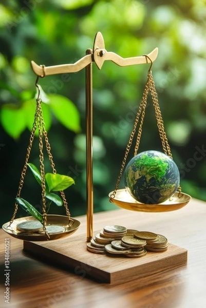 Fototapeta scales that balance the Earth on one side and coins or financial statements on the other