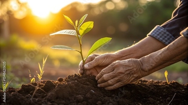 Obraz New Life's Embrace: A close-up shot captures the tender moment of planting a sapling, where hands gently cradle the young plant.