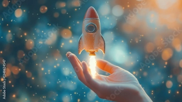 Obraz Launching Dreams: A Tiny Rocket Takes Flight From a Gentle Hand