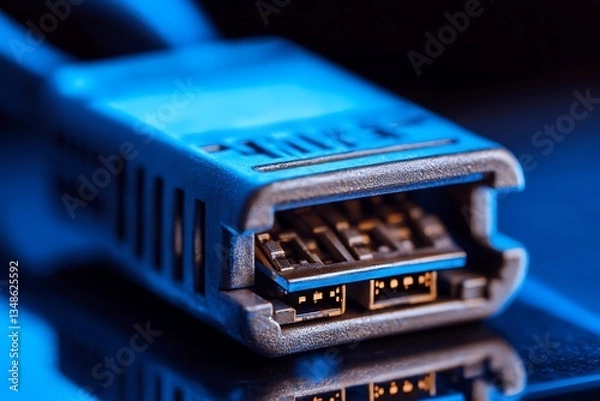 Fototapeta A close up view of a blue electronic connector end