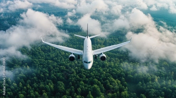 Fototapeta A modern passenger plane soars through a cloud-filled sky.