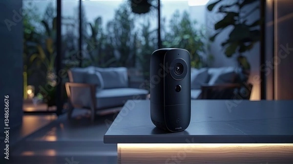 Fototapeta Modern security camera on countertop, patio, evening