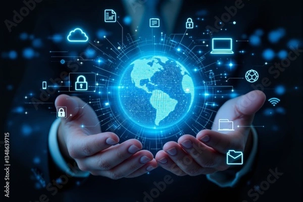 Fototapeta Futuristic digital globe with cybersecurity icons in hands.