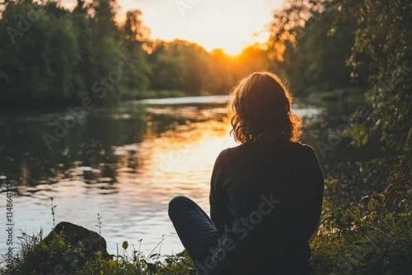 Obraz A person sits quietly by a river, listening to the gentle flow of water. They smile softly, feeling thankful for natureâ€™s peace