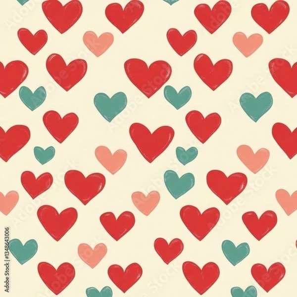 Fototapeta A charming pattern of red, pink, and teal hearts on a cream background. Perfect for Valentine's Day or any romantic occasion.