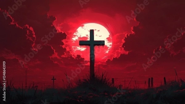 Obraz Blood Red Moon Setting Over Graveyard Cross