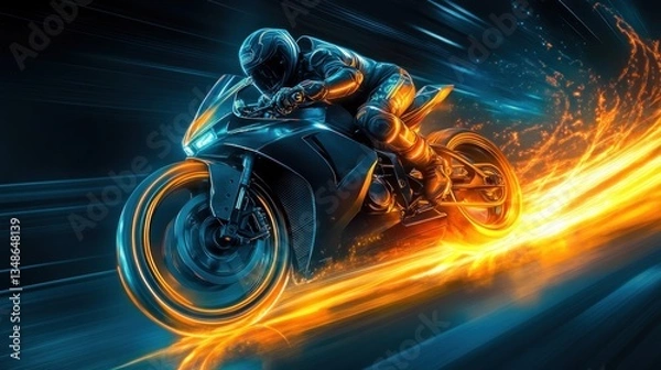 Fototapeta Racing Motorcycle Speed, Fire Trails, Night.  Possible Use  Concept