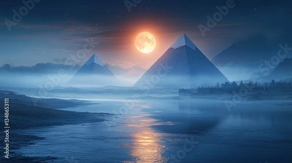 Fototapeta Mystical pyramids under a full moon
