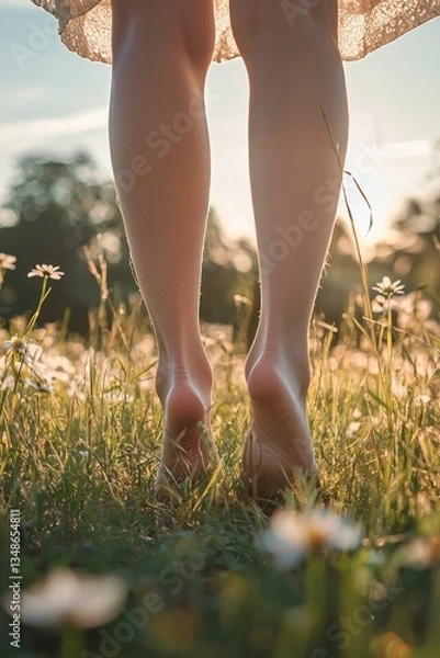 Obraz A person stands barefoot in the grass, feeling the earth beneath their feet. They close their eyes, grateful for the connection