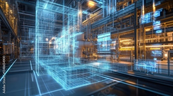 Fototapeta A digital engineering model of a factory machine being optimized for efficiency.