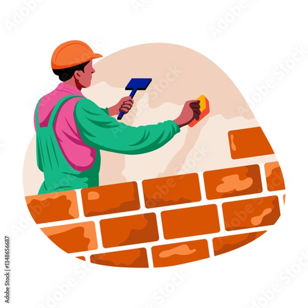 Fototapeta A flat style illustration of a bricklayer making a wall 