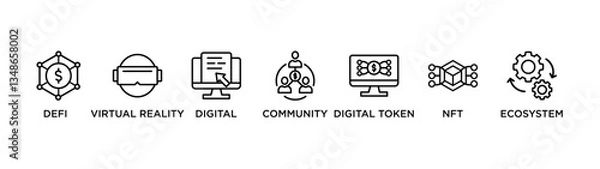 Fototapeta METAVERSE banner web icon vector illustration concept for product and service quality inspection with an icon of defi , virtual reality, digital, community, digital token, nft, ecosystem