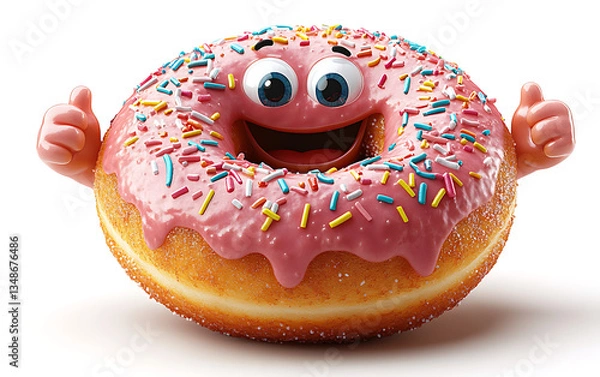 Fototapeta Joyful 3D Pink Donut Cartoon Character with Sprinkles  