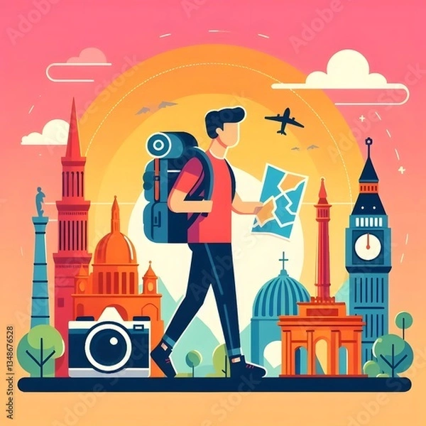Fototapeta Adventure Explorer | Traveler in Vibrant Jungle Sunset | A Flat Vector Illustration Of A Traveler With A Backpack Exploring A Jungle.