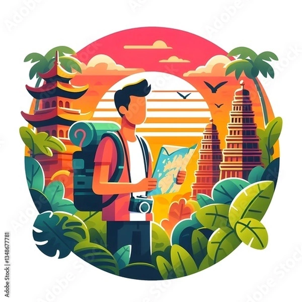 Fototapeta Adventure Explorer | Traveler in Vibrant Jungle Sunset | A Flat Vector Illustration Of A Traveler With A Backpack Exploring A Jungle.
