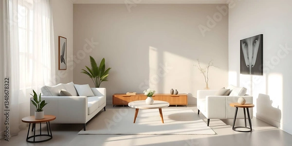 Fototapeta minimalist living room interior mockup, modern furniture and greenly decorative, white sofa and armchair, created by generative ai