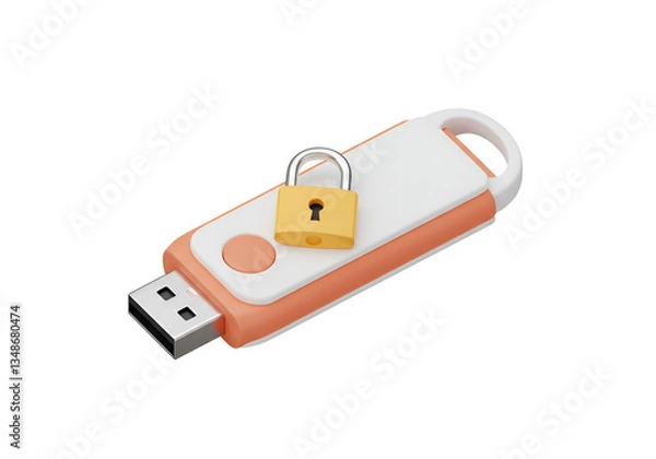 Fototapeta 3D USB Flash Drive with Padlock Representing Secured Portable Storage